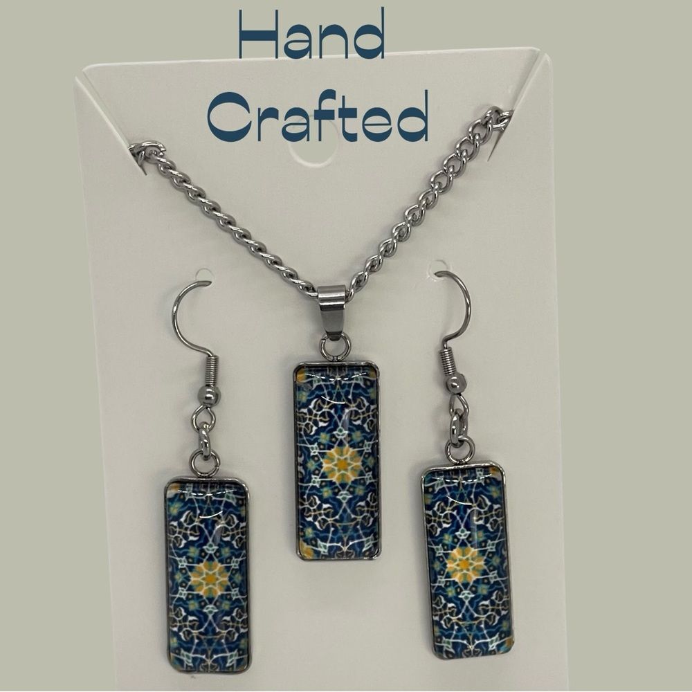 Hand Crafted Yellow Blue Pendant Boho Chic Festival Earrings Necklace Set NWT OS